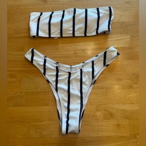 Ribbed Black & White Stripe Bandeau Bikini Set (Estimated S/M)